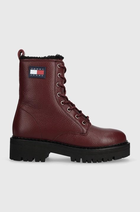 Шкіряні черевики Tommy Jeans TJW URBAN BOOT TUMBLED LTR WL жіночі колір бордовий на плоскому ходу утеплене EN0EN02317