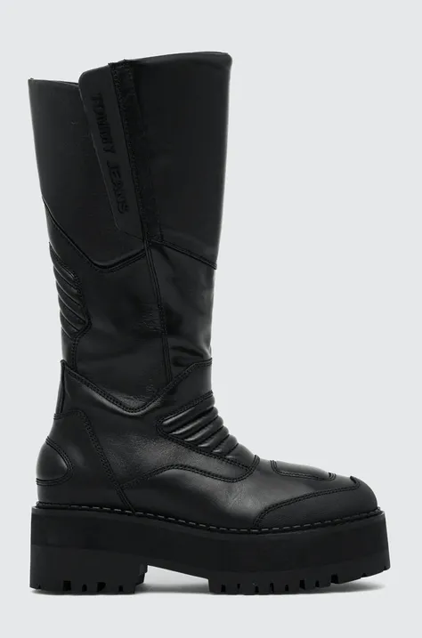 Čizme Tommy Jeans TJW LONG SHAFT BIKER BOOT za žene, boja: crna, ravni potplat, sa srednje toplom podstavom, EN0EN02376