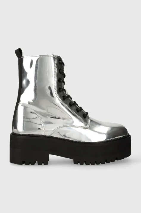 Členkové topánky Tommy Jeans TJW FLATFORM ZIP UP METALLIC dámske, strieborná farba, na platforme, EN0EN02403