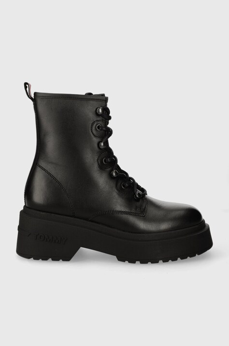 Kožne čizme Tommy Jeans TJW LACE UP BOOT CHUNKY za žene, boja: crna, s platformom, EN0EN02404