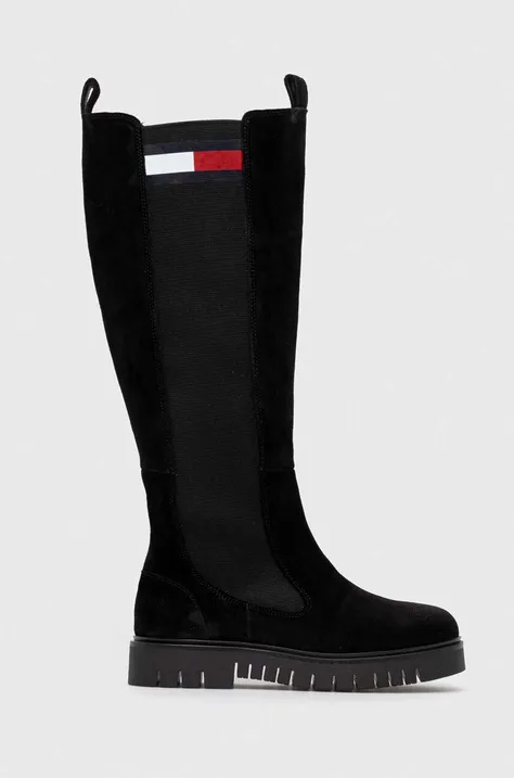 Elegantni škornji Tommy Jeans TJW LONG SHAFT SUEDE BOOT ženski, črna barva, EN0EN02412