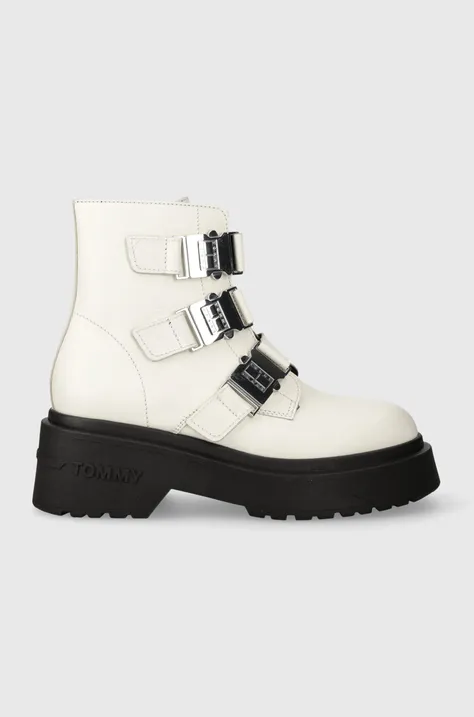 Δερμάτινες μπότες Tommy Jeans TJW CHUNKY BOOT HARDWARE γυναικείες, χρώμα: άσπρο, EN0EN02443 F3EN0EN02443