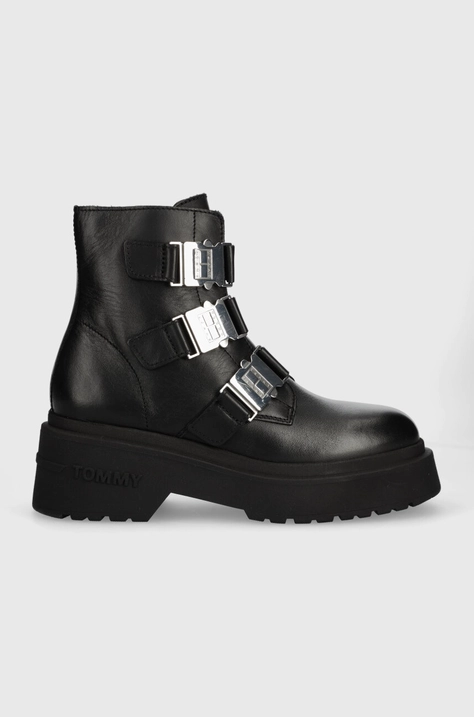 Δερμάτινες μπότες Tommy Jeans TJW CHUNKY BOOT HARDWARE γυναικείες, χρώμα: μαύρο, EN0EN02443 F3EN0EN02443