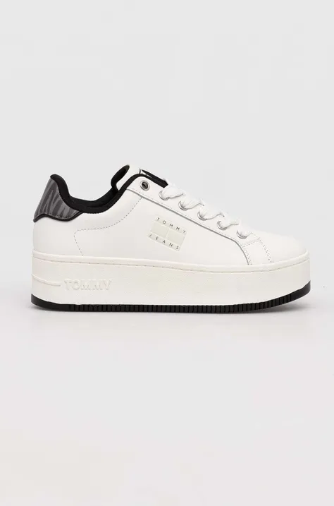 Tommy Jeans sneakersy skórzane TJW FLATFORM ANIMAL PRINT kolor biały EN0EN02537