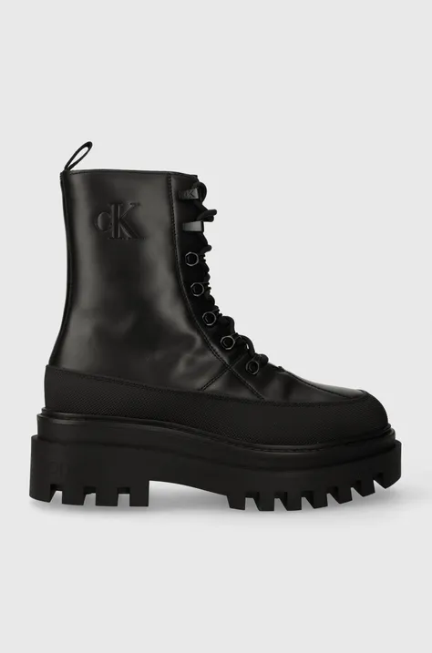 Кожени кубинки Calvin Klein Jeans FLATFORM LACE UP BOOT LTH в черно с платформа YW0YW01110