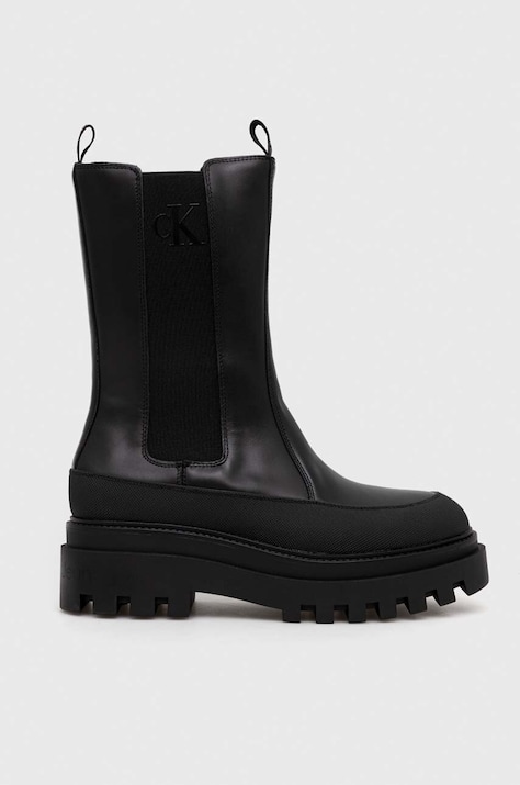 Calvin Klein Jeans ghete chelsea de piele FLATFORM CHELSEA BOOT LTH WN femei, culoarea negru, cu platforma, YW0YW01111