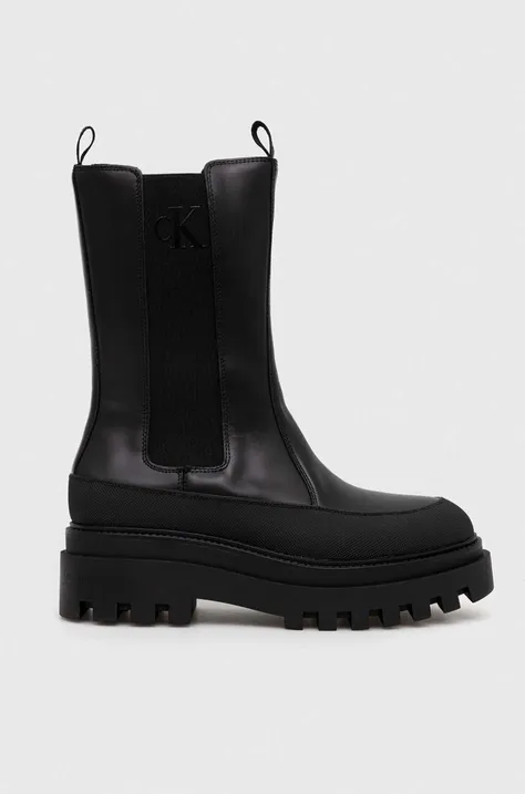 Kožené topánky chelsea Calvin Klein Jeans FLATFORM CHELSEA BOOT LTH WN dámske, čierna farba, na platforme, YW0YW01111