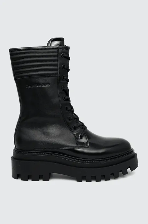 Μποτάκια εργασίας Calvin Klein Jeans FLATFORM KNEE BOOT LACEUP LTH WN χρώμα: μαύρο, YW0YW01137