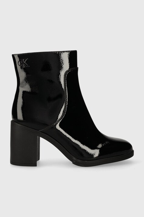 Gležnjače Calvin Klein Jeans MID BLOCK HEEL BOOT NAPLAK WN za žene, boja: crna, s debelom potpeticom, YW0YW01258