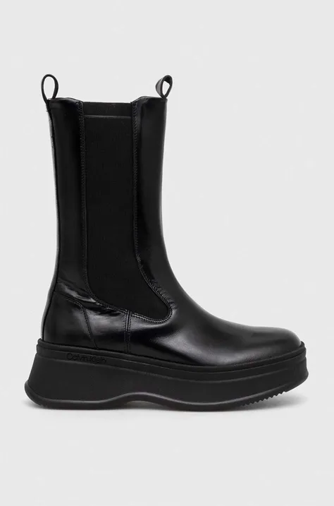 Кожени боти челси Calvin Klein PITCHED CHELSEA BOOT в черно с платформа HW0HW01686