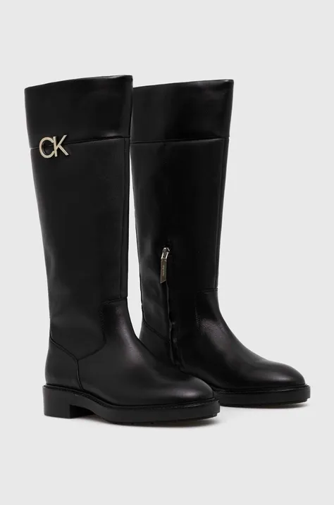 Calvin Klein cizme RUBBER SOLE KNEE BOOT W/HW femei, culoarea negru, cu toc plat, HW0HW01689