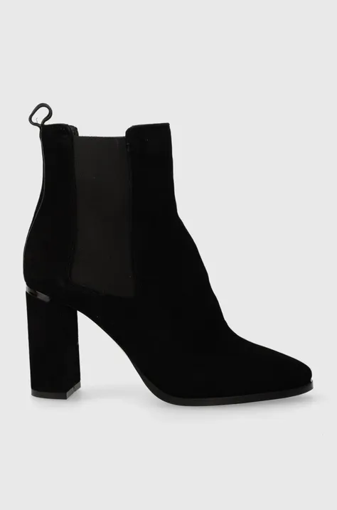 Semišové topánky Calvin Klein CUP HEEL CHELSEA BOOT 80-SUE dámske, čierna farba, na podpätku, HW0HW01714