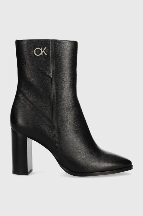 Calvin Klein cizme de piele CUP HEEL ANKLE BOOT W/HW 80 femei, culoarea negru, cu toc drept, HW0HW01750