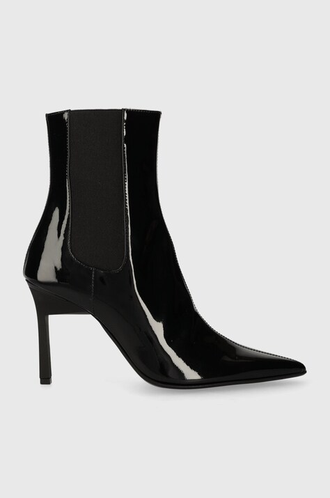 Кожаные полусапоги Calvin Klein GEO STILETTO CHELSEA BOOT 90-PAT женские цвет чёрный на шпильке HW0HW01809