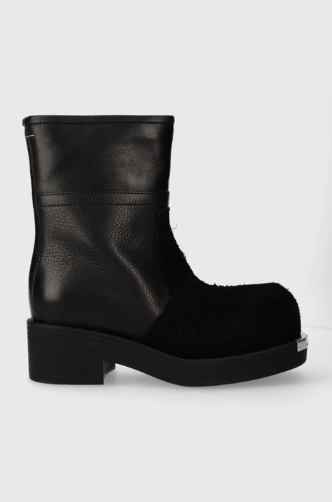 Kožené kotníkové boty MM6 Maison Margiela Ankle Boot dámské, černá barva, na plochém podpatku, S66WU0114