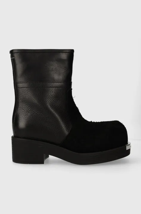 Kožené členkové topánky MM6 Maison Margiela Ankle Boot dámske, čierna farba, na plochom podpätku, S66WU0114