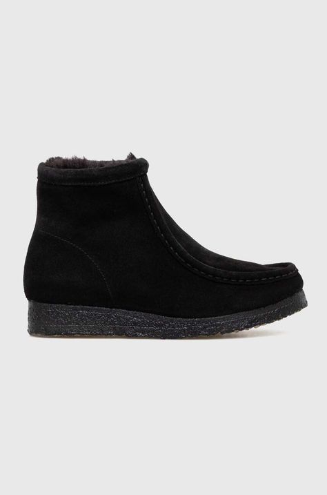 Clarks Originals cizme din piele întoarsă Wallabee Hi femei, culoarea negru, cu toc plat, căptușit, 26169534