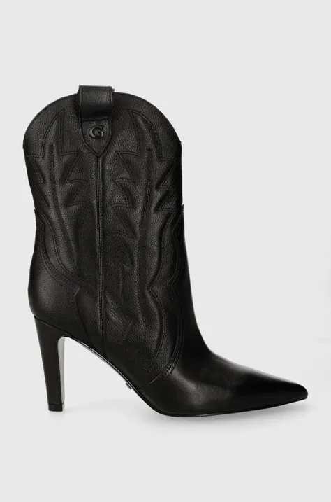 Kožne kaubojske čizme Guess CALLE za žene, boja: crna, s tankom potpeticom, FL8CZA LEA10