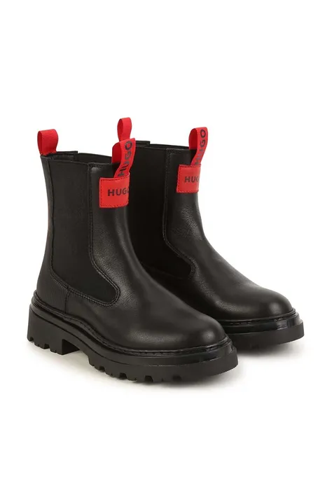 Παιδικές δερμάτινες μπότες τσέλσι HUGO χρώμα: μαύρο