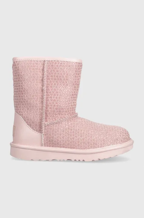 Παιδικές δερμάτινες μπότες χιονιού UGG KIDS CLASSIC IIEL HEARTS χρώμα: ροζ