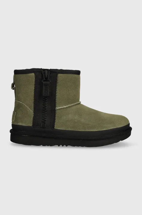 Dječje cipele za snijeg od brušene kože UGG KIDS CLASSIC MINI ZIPPER TAPE L boja: zelena