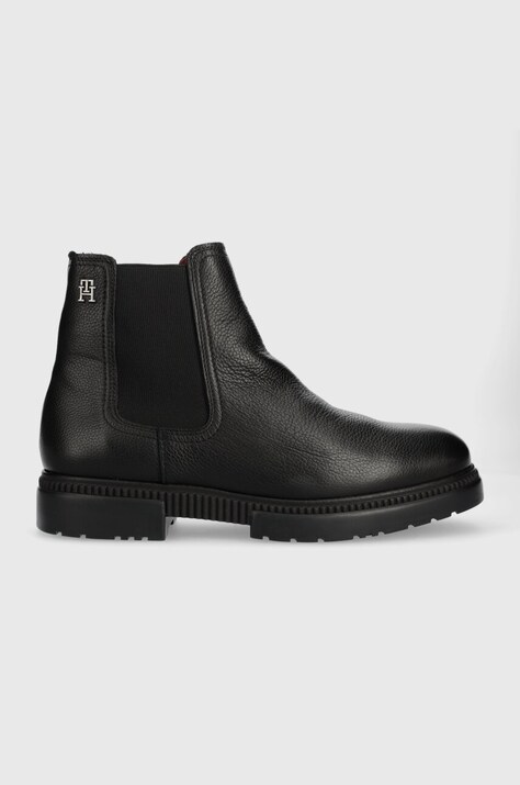 Tommy Hilfiger ghete de piele COMFORT CLEATED THERMO LTH CHEL barbati, culoarea negru, FM0FM04650