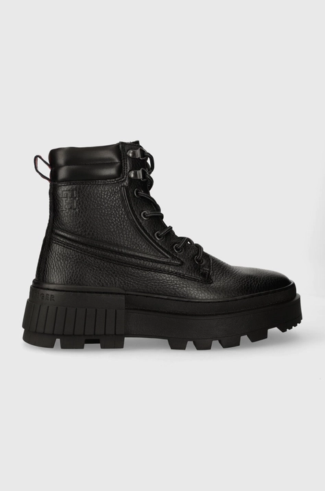 Kožené členkové topánky Tommy Hilfiger TH ELEVATED CHUNKY W LTH BOOT pánske, čierna farba, FM0FM04808