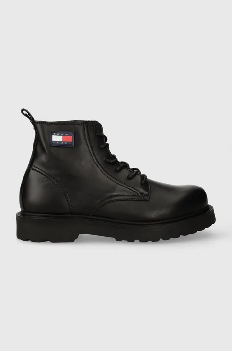 Кожени обувки Tommy Jeans TJM RUBERIZED LACE UP BOOT в черно EM0EM01276