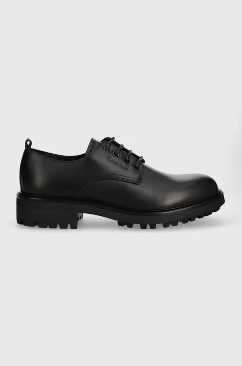 Calvin Klein pantofi de piele DERBY barbati, culoarea negru, HM0HM01230