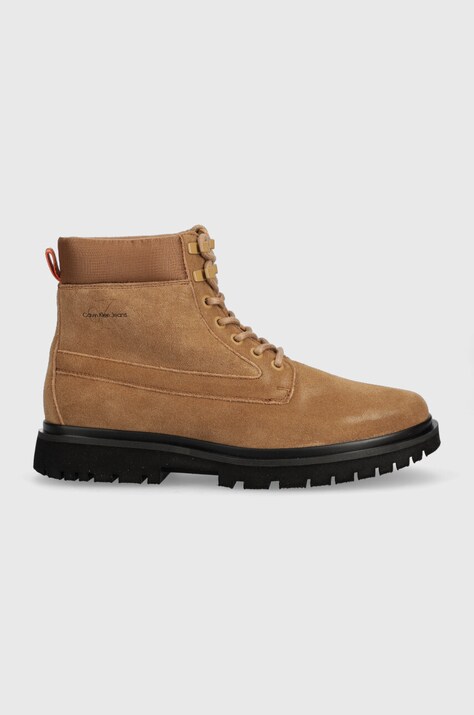 Calvin Klein Jeans ghete de piele EVA MID LACEUP BOOT SUEDE barbati, culoarea maro, YM0YM00802