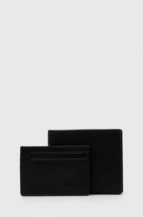 Usnjena denarnica in etui za kartice HUGO črna barva