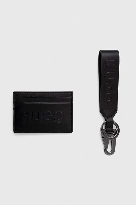 Usnjen etui za kartice in obesek za ključe HUGO črna barva