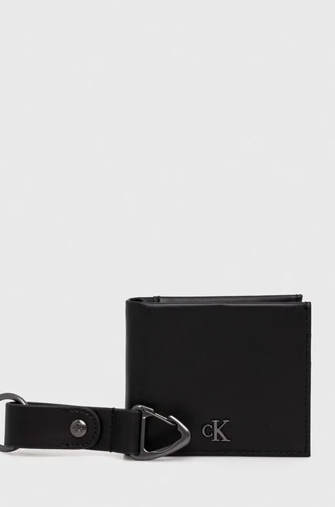 Calvin Klein Jeans portofel de piele + breloc barbati, culoarea negru