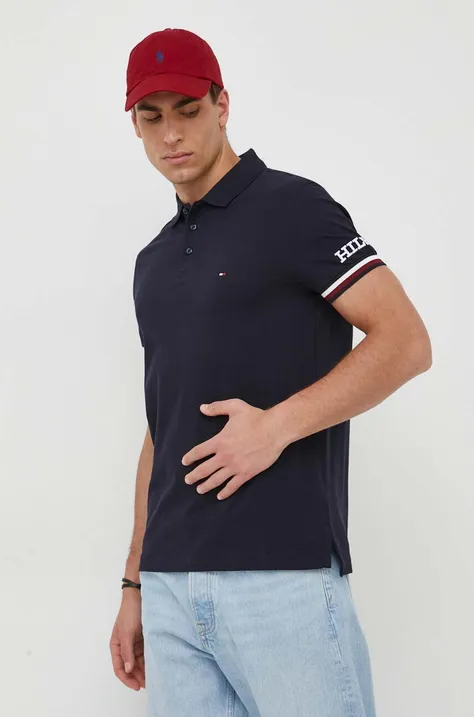 Bavlnené polo tričko Tommy Hilfiger tmavomodrá farba, vzorované