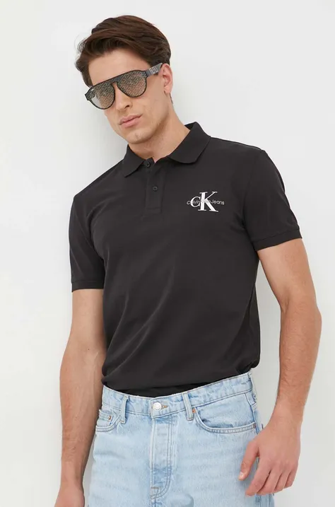 Calvin Klein Jeans tricou polo bărbați, culoarea negru, cu imprimeu J30J323395