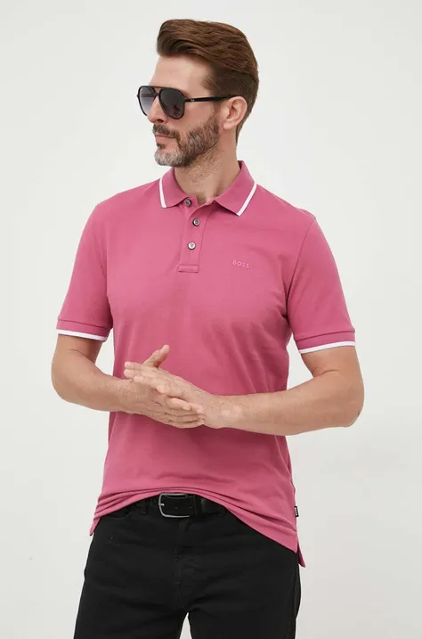 Bavlnené polo tričko BOSS ružová farba, jednofarebný