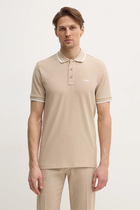 BOSS polo de bumbac culoarea bej, neted, 50494697