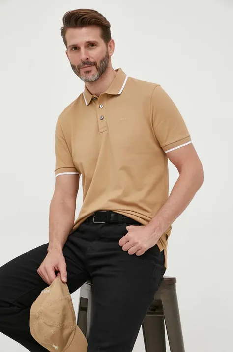 Bavlnené polo tričko BOSS béžová farba, jednofarebný