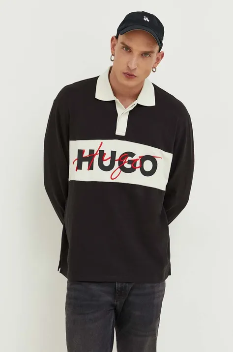Bavlnené tričko s dlhým rukávom HUGO čierna farba, vzorovaný