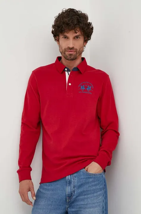 Bombažna majica z dolgimi rokavi La Martina rdeča barva