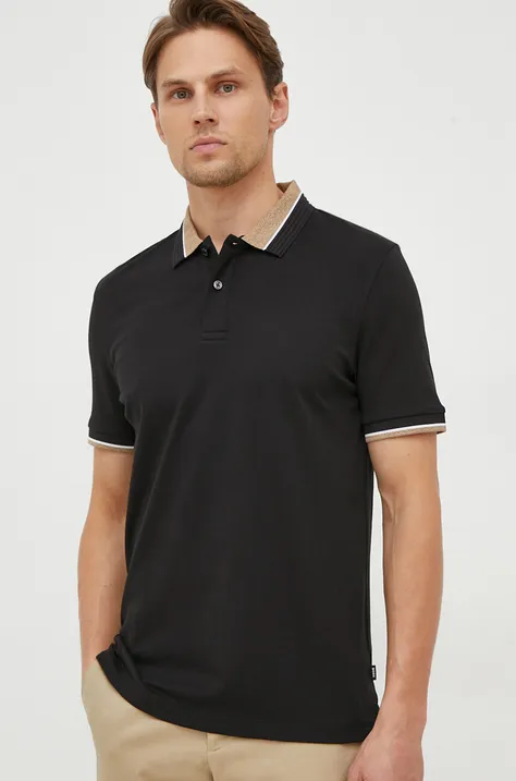 Bavlnené polo tričko BOSS čierna farba, jednofarebný