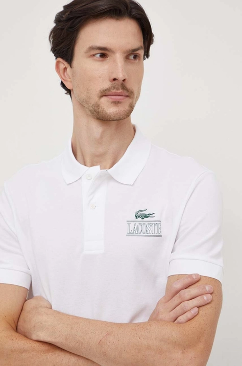 Lacoste tricou polo barbati, culoarea alb, cu imprimeu