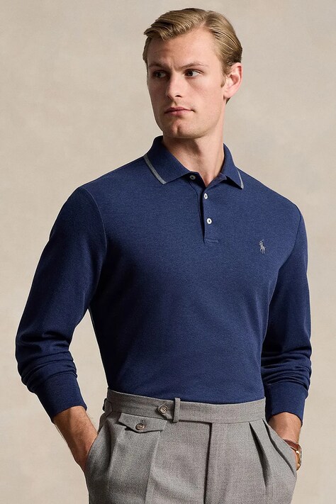 Polo Ralph Lauren longsleeve bawełniany kolor granatowy gładki