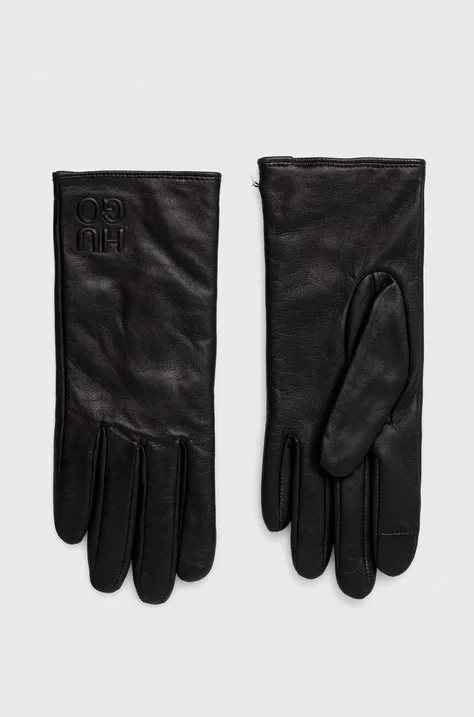 Kožne rukavice HUGO za žene, boja: crna