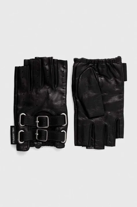 Usnjene rokavice brez prstov Karl Lagerfeld ženski, črna barva