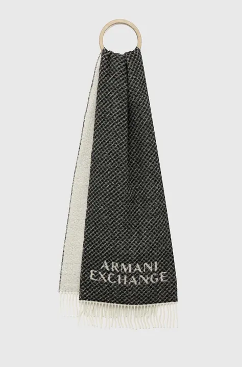 Armani Exchange szalik wełniany kolor czarny z nadrukiem