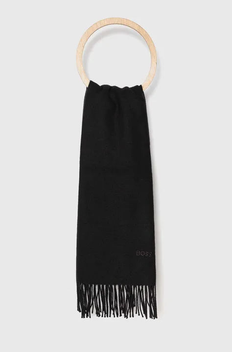 Vlnený šál BOSS čierna farba, jednofarebný