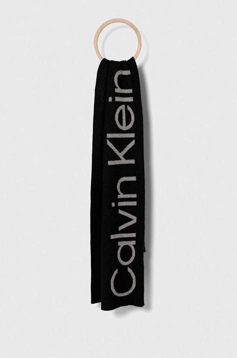 Calvin Klein sál gyapjú keverékből fekete, mintás