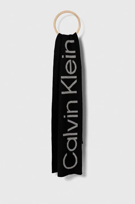 Šál s prímesou vlny Calvin Klein čierna farba, vzorovaný