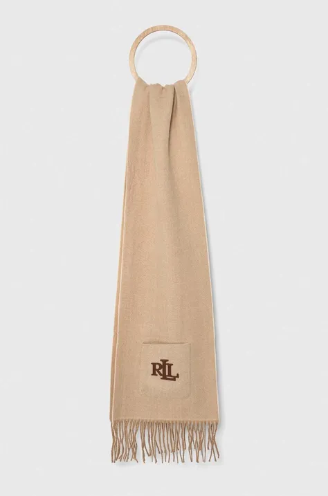 Lauren Ralph Lauren szalik z domieszką wełny kolor beżowy z aplikacją